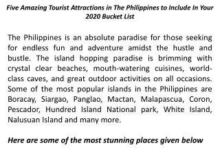 Five Amazing Tourist Attractions in The Philippines to Include In Your 2020 Bucket List