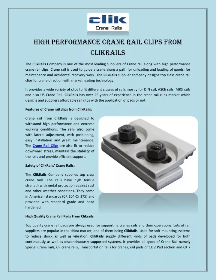 high performance crane rail clips from clikrails