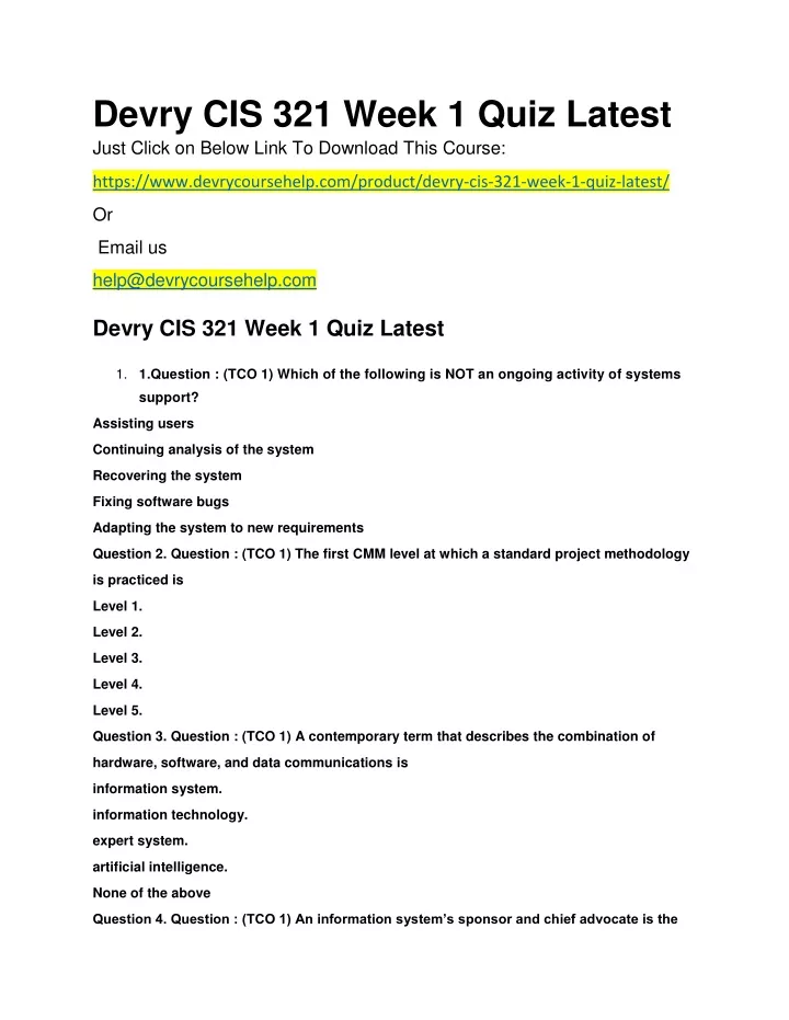 devry cis 321 week 1 quiz latest just click