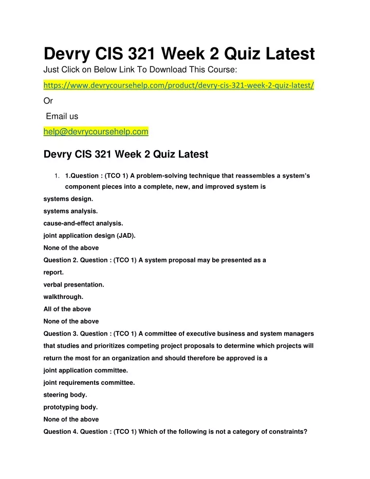 devry cis 321 week 2 quiz latest just click