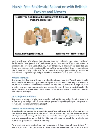 Hassle Free Residential Relocation with Reliable Packers and Movers