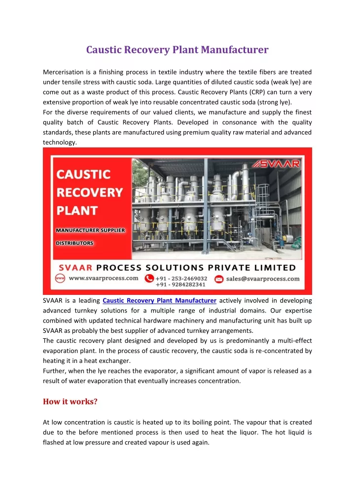 caustic recovery plant manufacturer