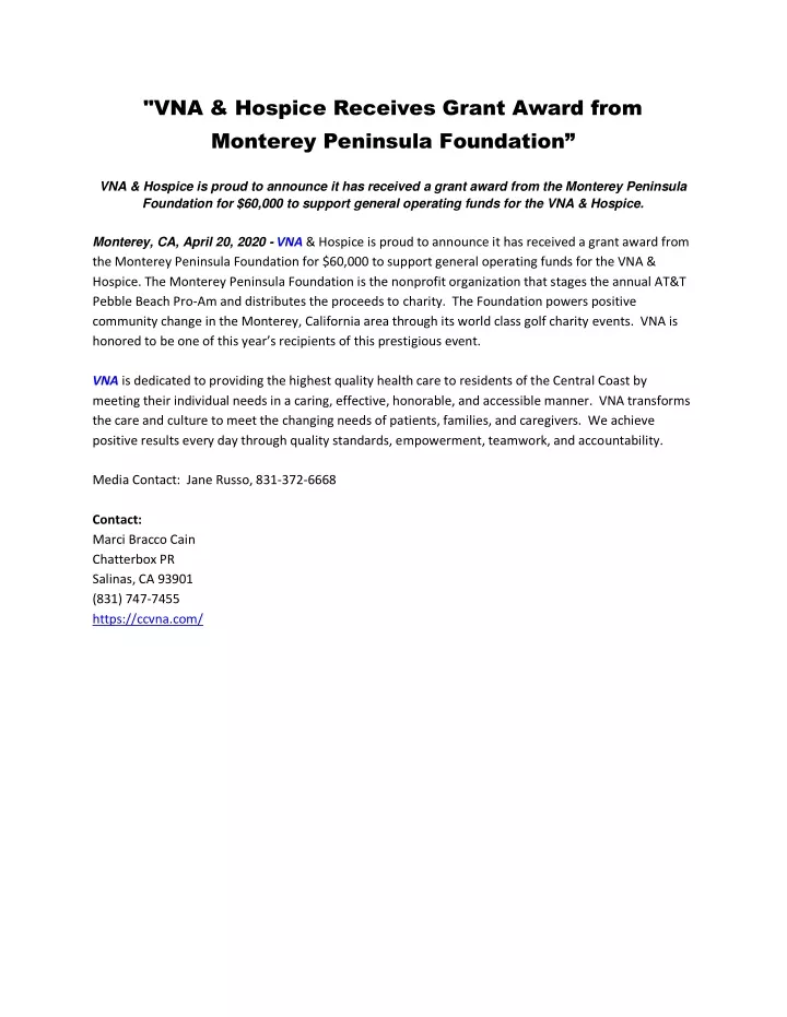 vna hospice receives grant award from monterey