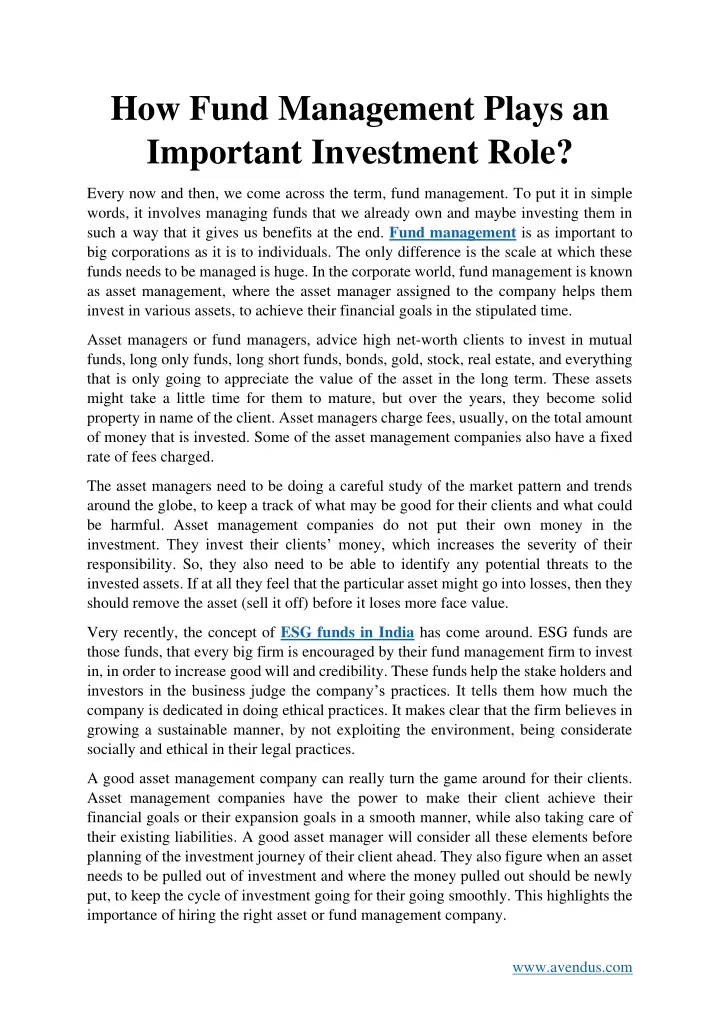 how fund management plays an important investment