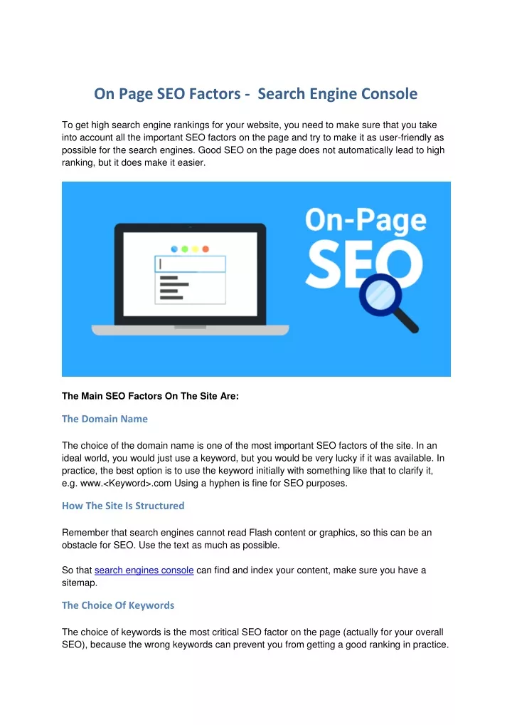 on page seo factors search engine console