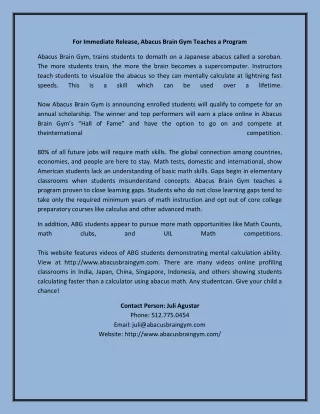 for immediate release abacus brain gym teaches
