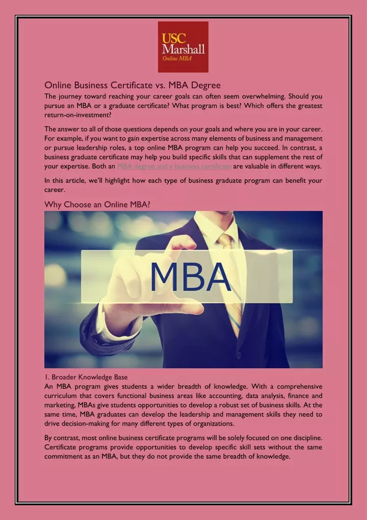 online business certificate vs mba degree