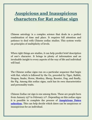 Auspicious and Inauspicious characters for Rat zodiac sign