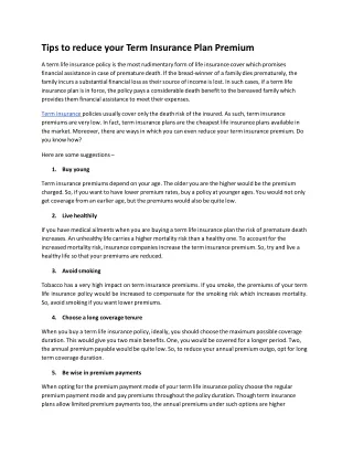 tips to reduce your term insurance plan premium