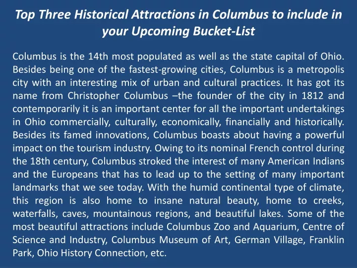 top three historical attractions in columbus to include in your upcoming bucket list