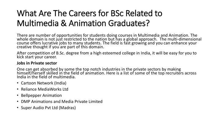 what are the careers for bsc related to multimedia animation graduates