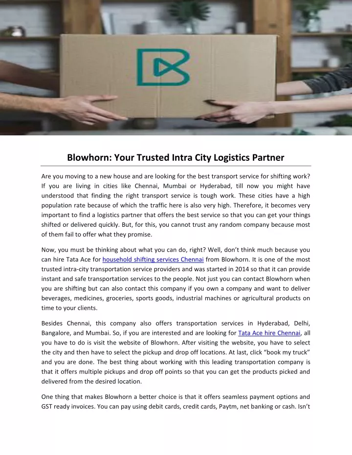 blowhorn your trusted intra city logistics partner