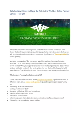 Daily Fantasy Cricket to Play a Big Role in the World of Online Fantasy Games – FanFight
