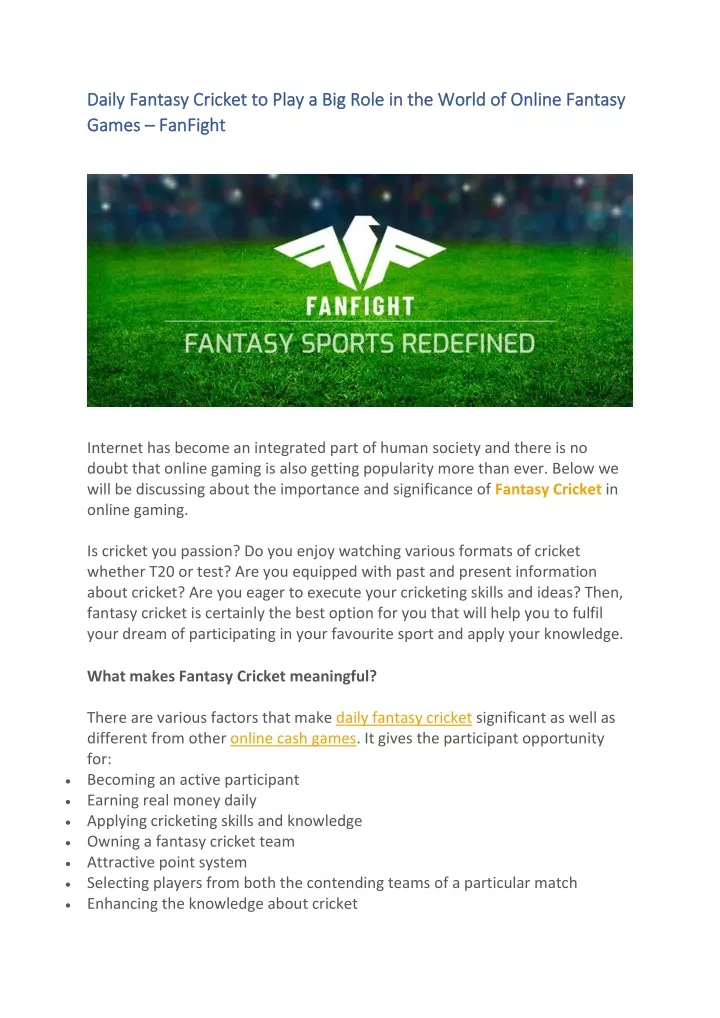 daily fantasy cricket to play a big role