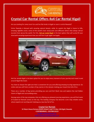 Crystal Car Rental Offers 4x4 Car Rental Kigali