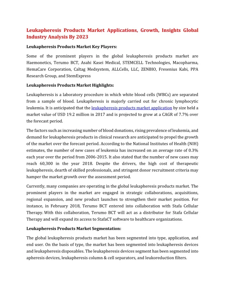 leukapheresis products market applications growth