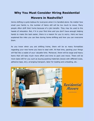 Why You Must Consider Hiring Residential Movers in Nashville?