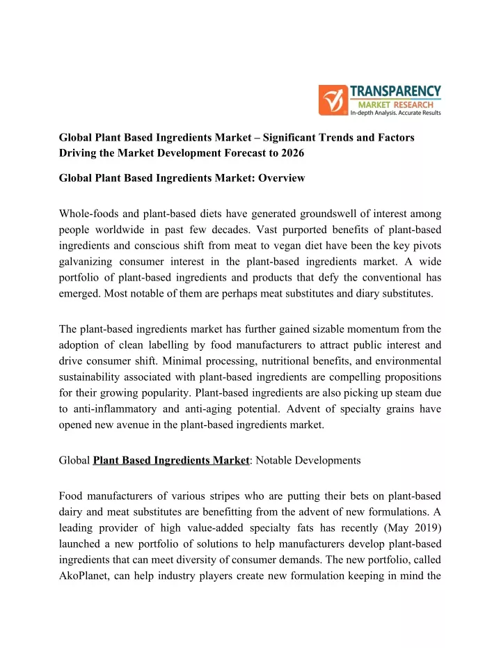 global plant based ingredients market significant