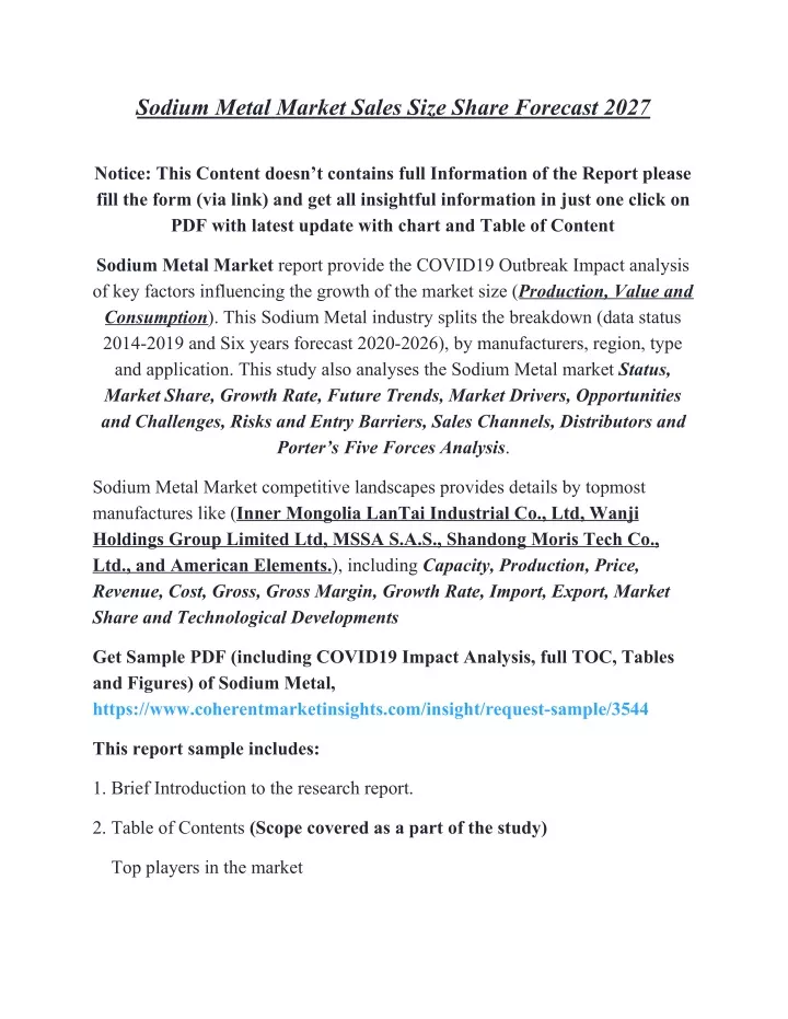 sodium metal market sales size share forecast 2027