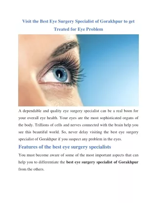 Visit the Best Eye Surgery Specialist of Gorakhpur to get Treated for Eye Problem