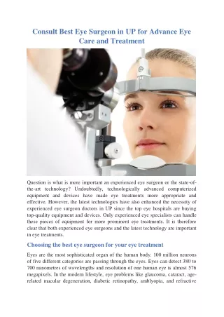 Consult Best Eye Surgeon in UP for Advance Eye Care and Treatment