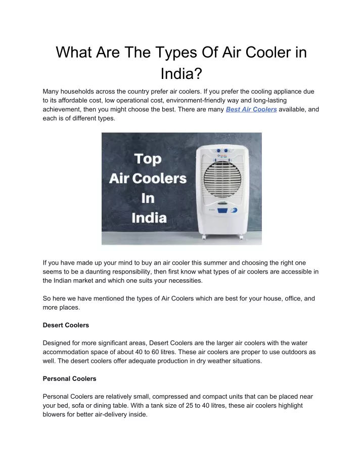 what are the types of air cooler in india