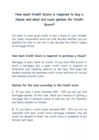 How much Credit Score is required to Buy a House and what are Loan options for Credit Score?