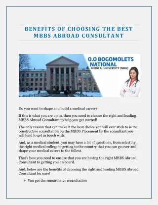 BENEFITS OF CHOOSING THE BEST MBBS ABROAD CONSULTANT