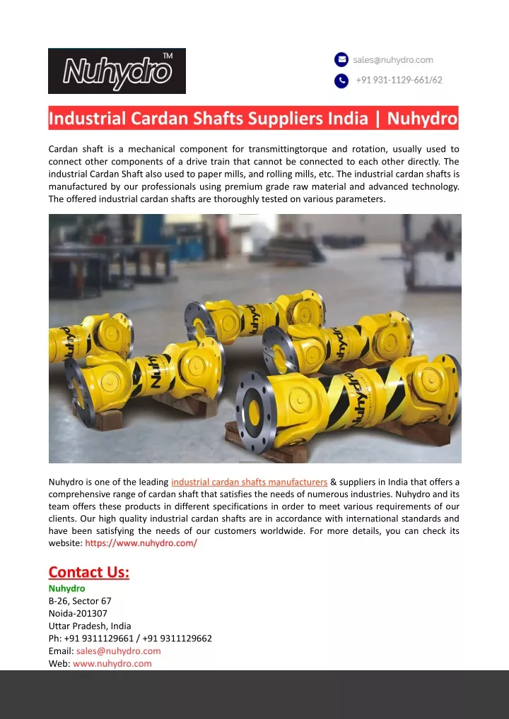 industrial cardan shafts suppliers india nuhydro