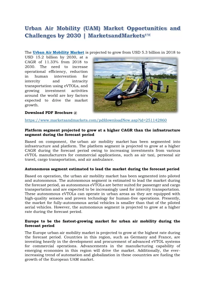 the urban air mobility market is projected