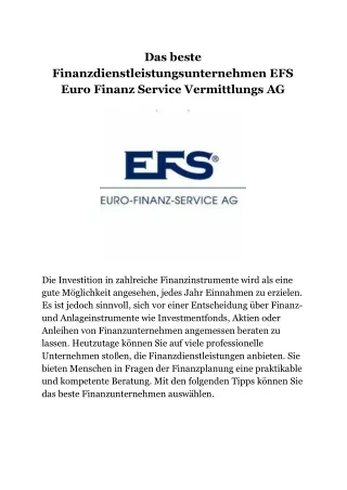 Das beste Finanzdienstleistungsunternehmen EFS Euro Finanz Service Vermittlungs AG