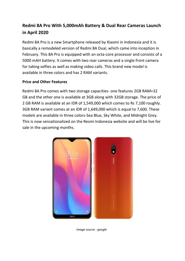 redmi 8a pro with 5 000mah battery dual rear
