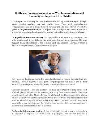 Dr. Rajesh Subramanya review on Why Immunizations and Immunity are important to a Child?