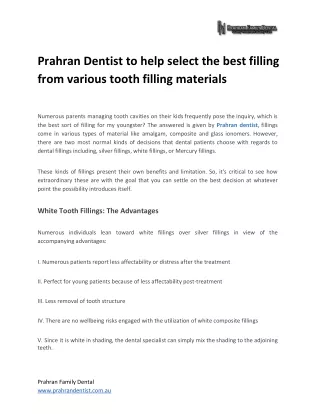 Prahran Dentist to help select the best filling from various tooth filling materials