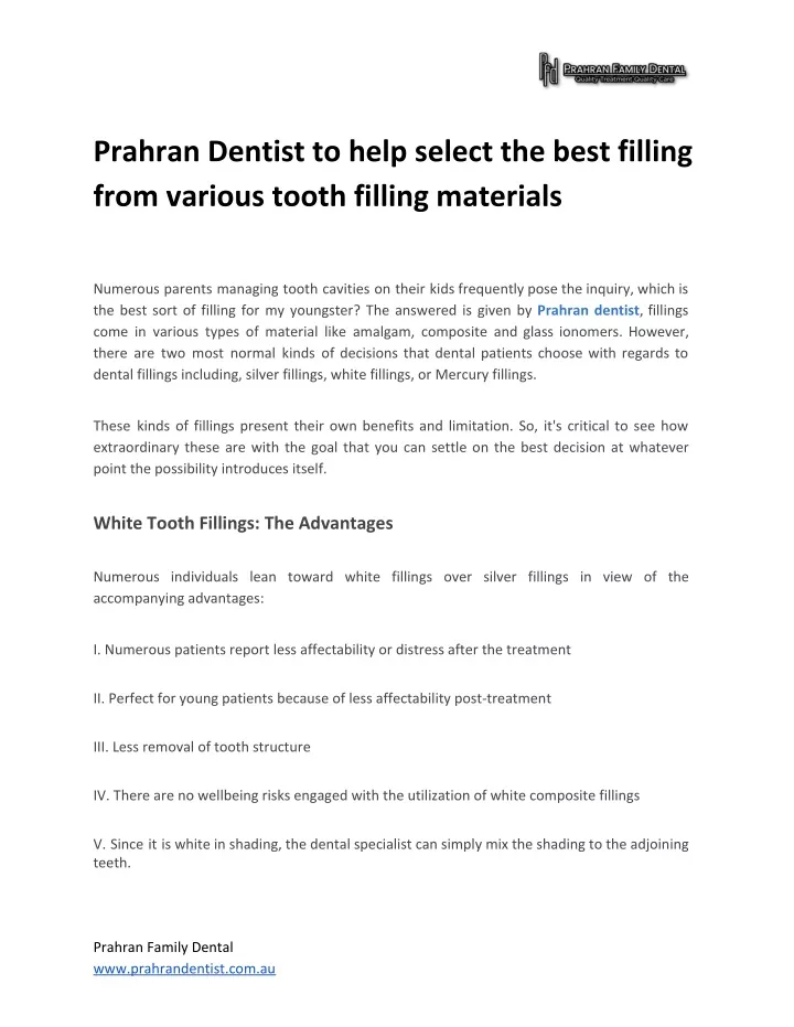 prahran dentist to help select the best filling