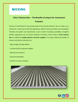 China Titanium Bars – The Benefits of using it for Commercial Purposes
