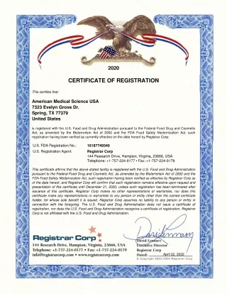 FDA Certificate, AMERICAN MEDICAL SCIENCE.USA