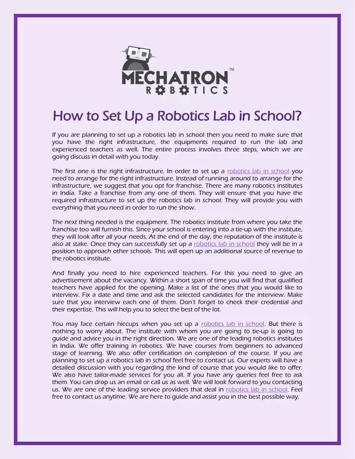 how to set up a robotics lab in school