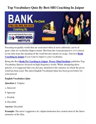 Top Vocabulary Quiz By Best SBI Coaching In Jaipur