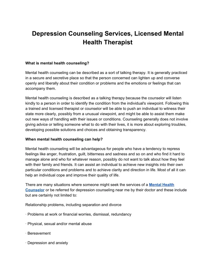 depression counseling services licensed mental