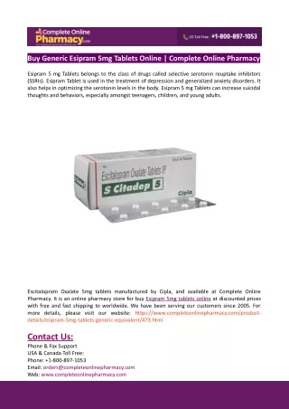 Buy Generic Esipram 5mg Tablets Online-Complete Online Pharmacy