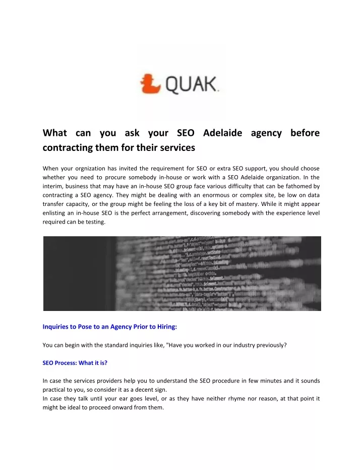 what can you ask your seo adelaide agency before