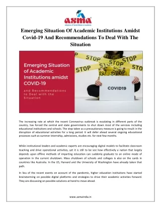 Emerging Situation of Academic Institutions amidst COVID-19 and Recommendations to Deal with the Situation – ASMA
