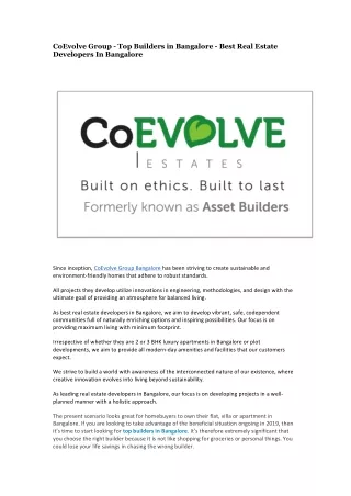 CoEvolve Group - Top Builders in Bangalore - Best Real Estate Developers In Bangalore
