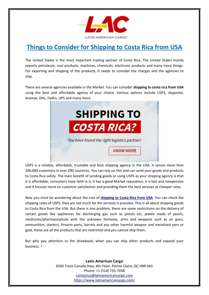things to consider for shipping to costa rica
