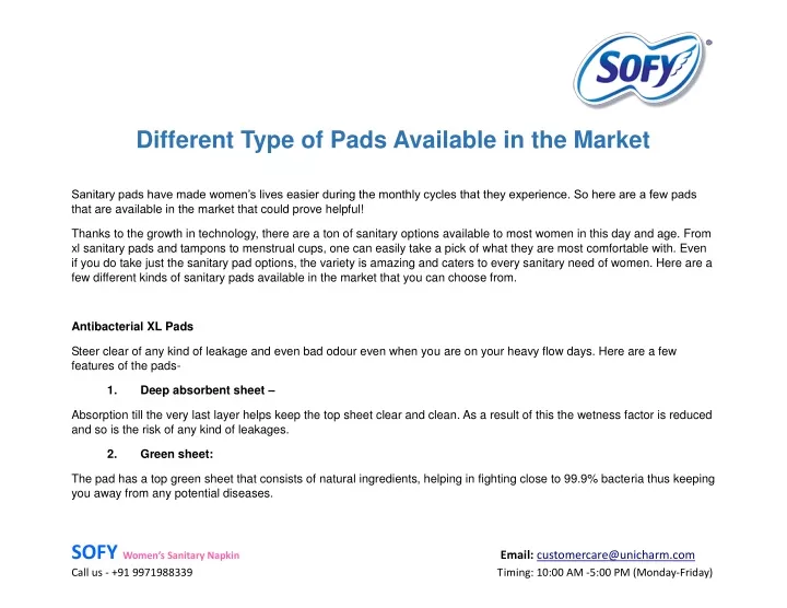 different type of pads available in the market