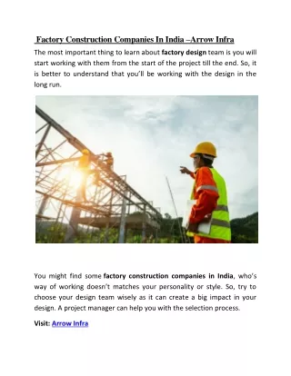 Factory Construction Companies In India –Arrow Infra