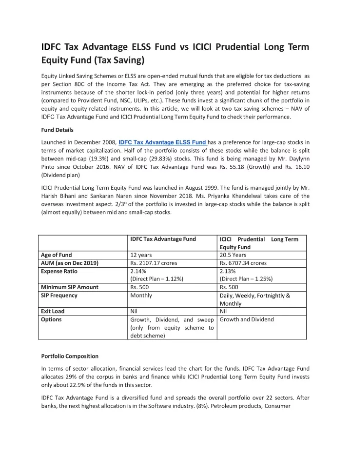 id fc tax advantage elss fund vs icici prudential