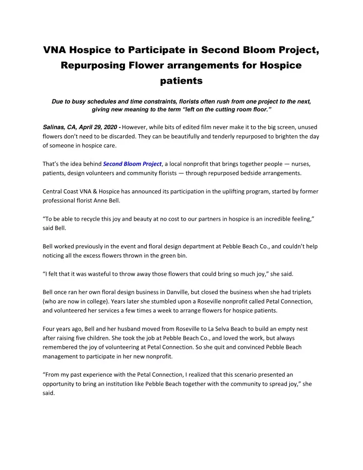 vna hospice to participate in second bloom
