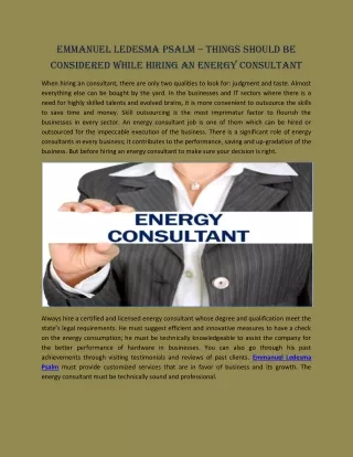 Emmanuel Ledesma Psalm – Things should be Considered while Hiring an Energy Consultant